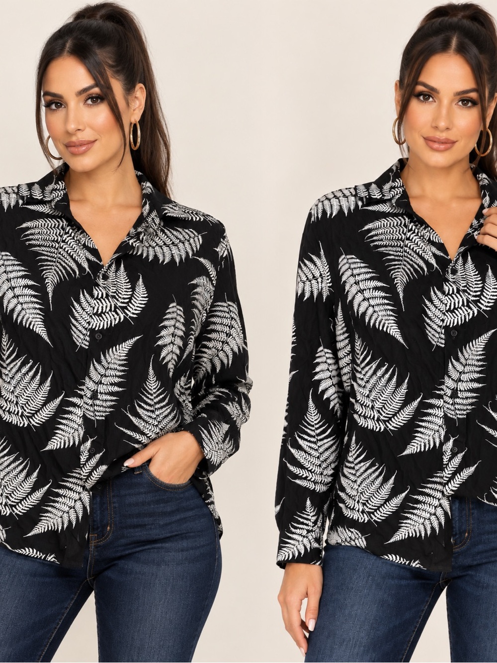 H&M Black Button-Down Shirt with White Fern Motif